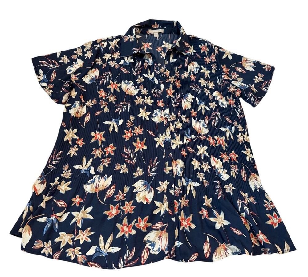 Woman Within Navy Blue Floral Button Down Blouse Plus Size M 18/20 Short Sleeve